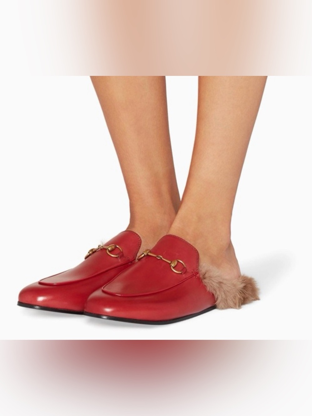 Gucci Red Leather Fur-Trim Backless Loafers with Gold Horsebit size 40.5